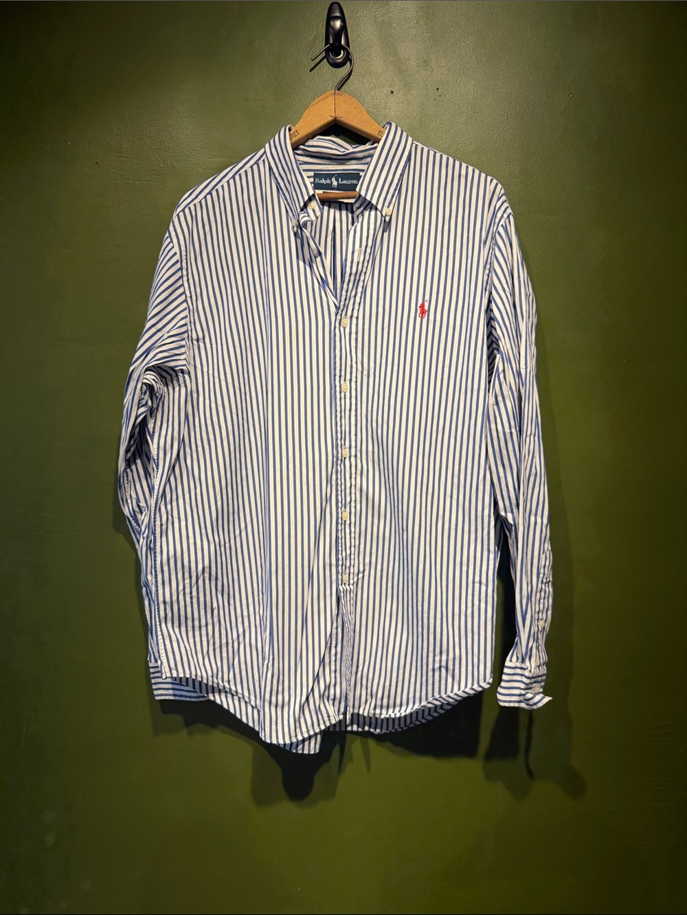Ralph Lauren Men’s White Shirt with Blue Pinstripes and Red Polo Logo